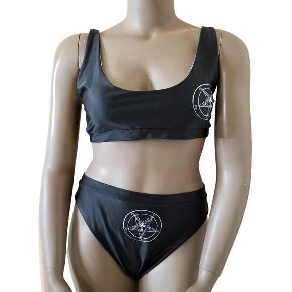 Baphomet 666 Satanic Tank Swim Top Cheeky Bottoms Bikini Swimsuit 3X Black White - Picture 4 of 15